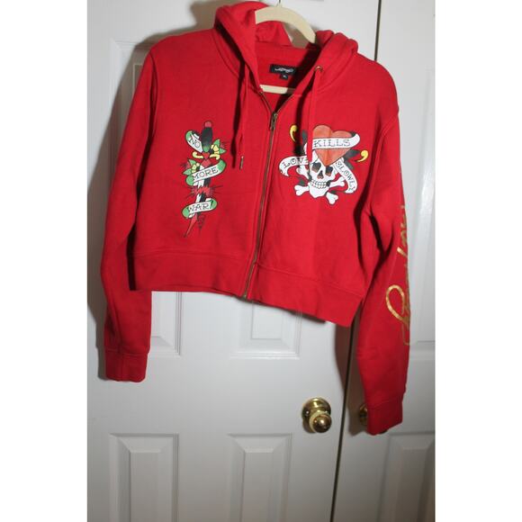Ed Hardy Red Fleece Love Kills Slowly Zip Front Crop Hoodie sz XL - Picture 1 of 4